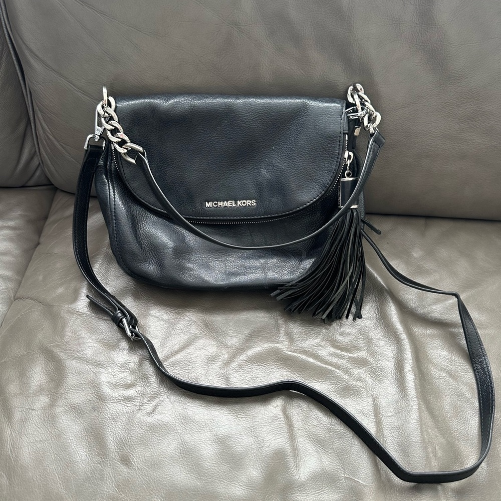 Black Leather Crossbody Bag with Tassel and Silver Hardware